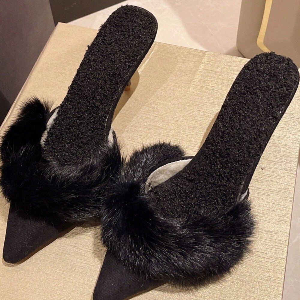 Black Casual Women's Pointed Toe Backless Slip-On High Heel Mules